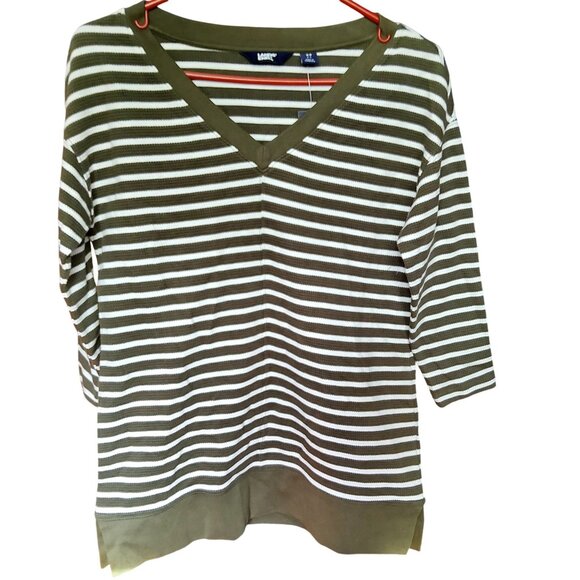 Lands End Womens XS Forest Moss & Ivory Stripe V-Neck Waffle Knit Tunic - Picture 9 of 9